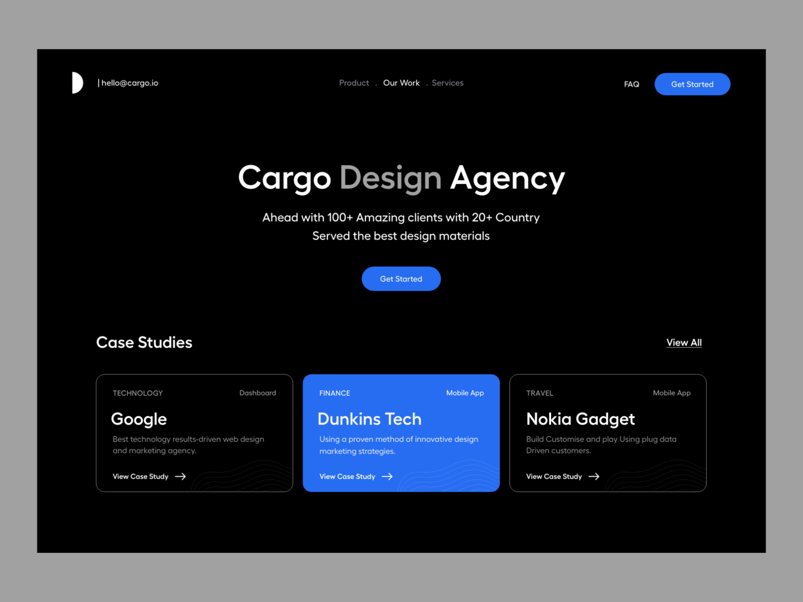 the image is a website landing page for a design agency called "cargo design agency". the page features a call to action to "get started", and a section showcasing case studies for three different clients: google, dunkins tech, and nokia gadget. the case studies are categorized by industry: technology, finance, and travel. each case study includes a brief description, the type of project (website or mobile app), and a link to view the case study in more detail. the landing page also includes a link to view all of the agency's case studies. the overall design is clean and modern, with a dark background and bright blue accents.