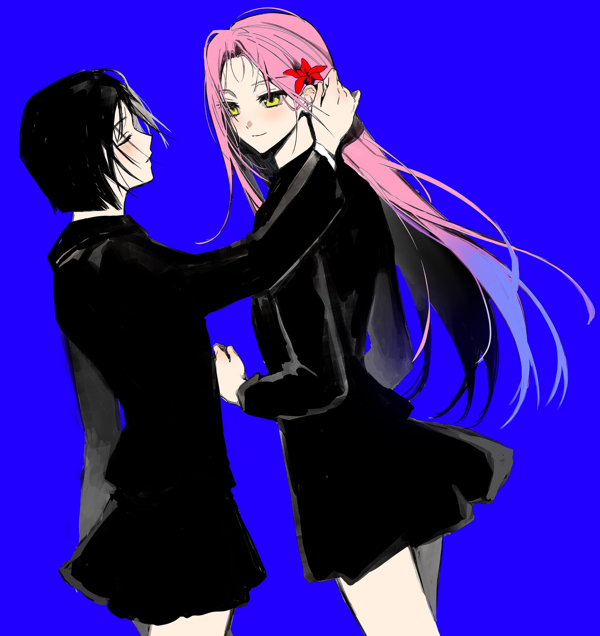 the image showcases two anime girls, one with black hair and the other with pink and purple hair. they are both wearing black dresses, with the pinkhaired girl holding a red flower behind her ear. the blackhaired girl is holding the other's hand, pulling her close.  they are set against a bright blue background, creating a sense of contrast and highlighting their attire. the overall mood of the image is affectionate and sweet, suggesting a close bond between the two.