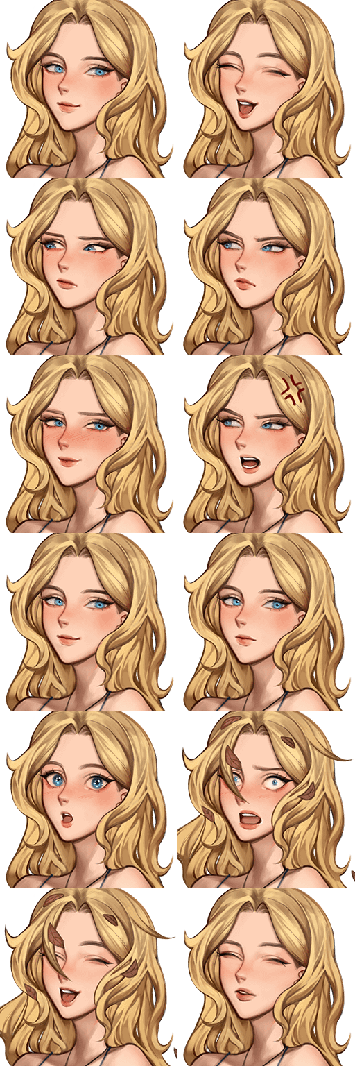 the image is a sprite sheet or collection of digital illustrations depicting a young woman with long blonde hair.  the woman is shown with a variety of facial expressions, including neutral, happy, sad, surprised, angry, blushing, and winking. each expression is distinctly portrayed in a separate square within the grid layout. the art style is reminiscent of anime or manga, with smooth lines, soft shading, and a focus on conveying emotion through the character's facial features. the background is black, allowing the character to stand out clearly.  the illustrations are likely intended for use in a video game, animation, or other digital media.