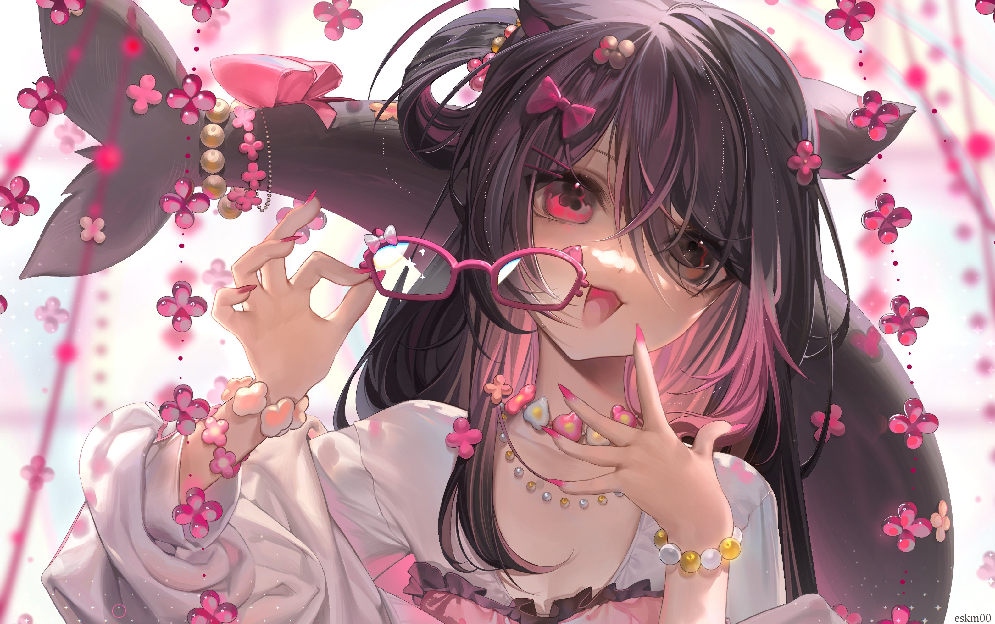 the image is a digital illustration of a cute anime girl with long dark hair with pink highlights.  she has cat ears and is wearing a witchlike hat with a long, dark tail that trails behind her. she's adorned with various pink accessories including bracelets, necklaces, and hair bows.  she playfully holds up a pair of pink glasses, and her expression is mischievous and slightly teasing. the background features soft pink flowers and sparkles, creating a dreamy and magical atmosphere. the art style is soft and delicate, typical of modern anime illustrations.  the artist's signature, "eskm00," is visible in the bottom right corner.
