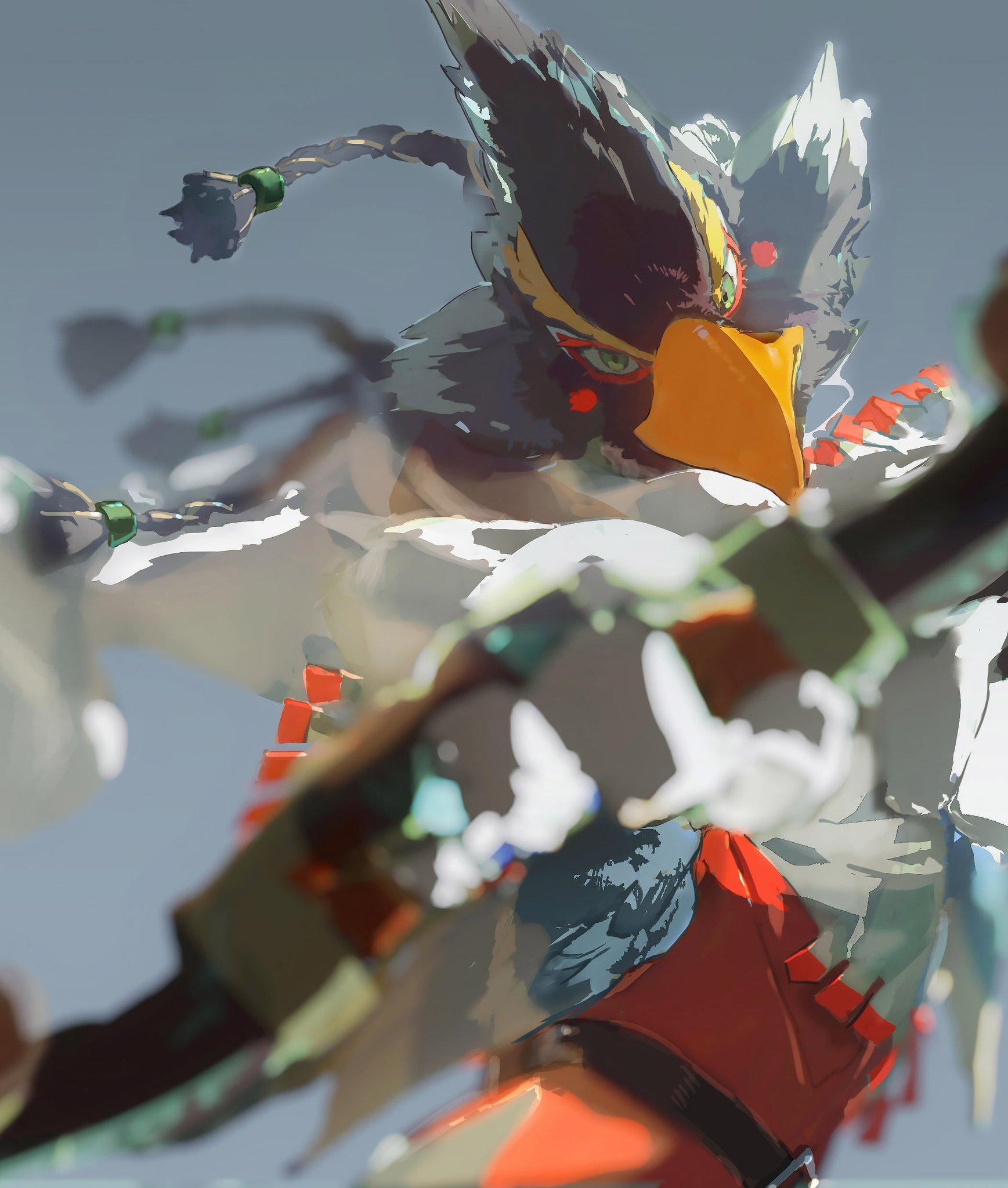 a digital art piece featuring an animestyle creature, a black and yellow birdlike figure with a white mask and red eyes, in a warriorlike pose, surrounded by colorful abstract shapes and designs.