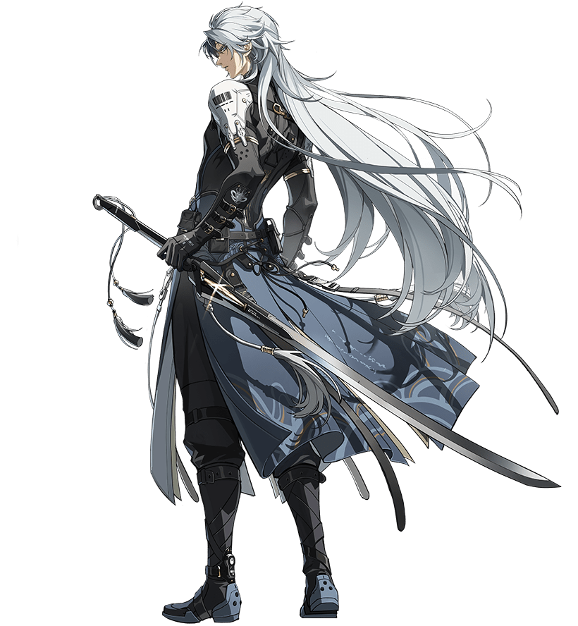 a digital illustration of a male character. he has long white hair and is wearing an elaborate black and blue outfit. he is armed with a sword and has a serious expression. the character is set against a black background.