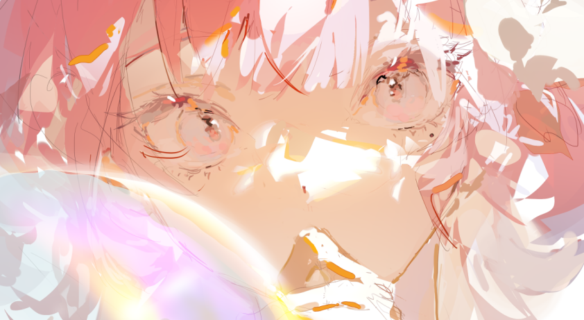 a dreamy, ethereal portrait of a girl with pink hair and large eyes. the art style is soft and painterly, with a focus on light and color. the background is abstract and contributes to the overall ethereal feeling of the image. the girl's expression is difficult to read, adding to the mystery of the piece.