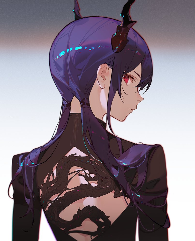 an animestyle image of a female character with purple hair, red eyes, and horns. she's wearing a black outfit with a dragon design on the back, and her hair is styled in pigtails. the view is from behind, showing her side profile.