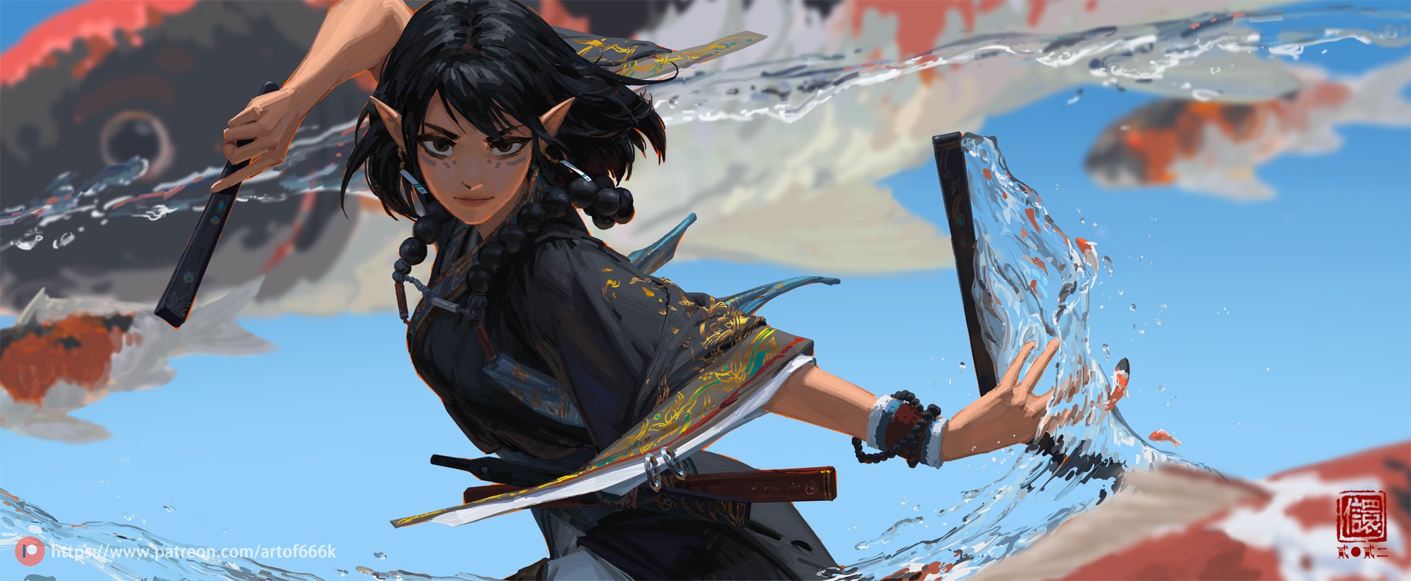 the image is a digital painting of a female elf warrior in a dynamic pose. she is depicted with pointed ears, dark hair styled in a bob, and is wearing a dark kimonolike garment adorned with gold and teal accents. she wields two objects that seem like fans or short swords. the scene is set against a backdrop of water splashing around her, creating a sense of movement and energy.  koi fish swim in the background, partially submerged and out of the water.  the style is reminiscent of anime or manga, showcasing vibrant colors and detailed textures. the overall impression is one of action, fantasy, and mystical power.  a red seal is visible in the bottom right corner.
