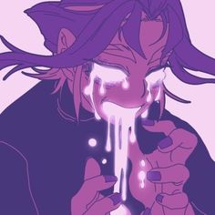 this is an illustration of a person with purple hair and purple clothes crying with a sad expression on their face. tears are streaming down their face and dripping from their chin.  the image utilizes various shades of purple to convey a sense of sadness and despair.
