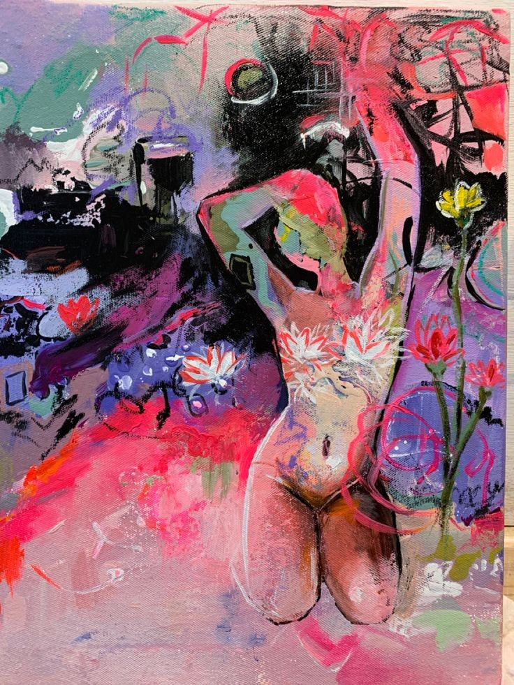 the painting is a vibrant and expressive abstract depiction of a woman's body. the figure is rendered in bold strokes of pink, red, purple, and green, with a touch of yellow for the flowers. the background is a flurry of color and texture, creating a sense of movement and