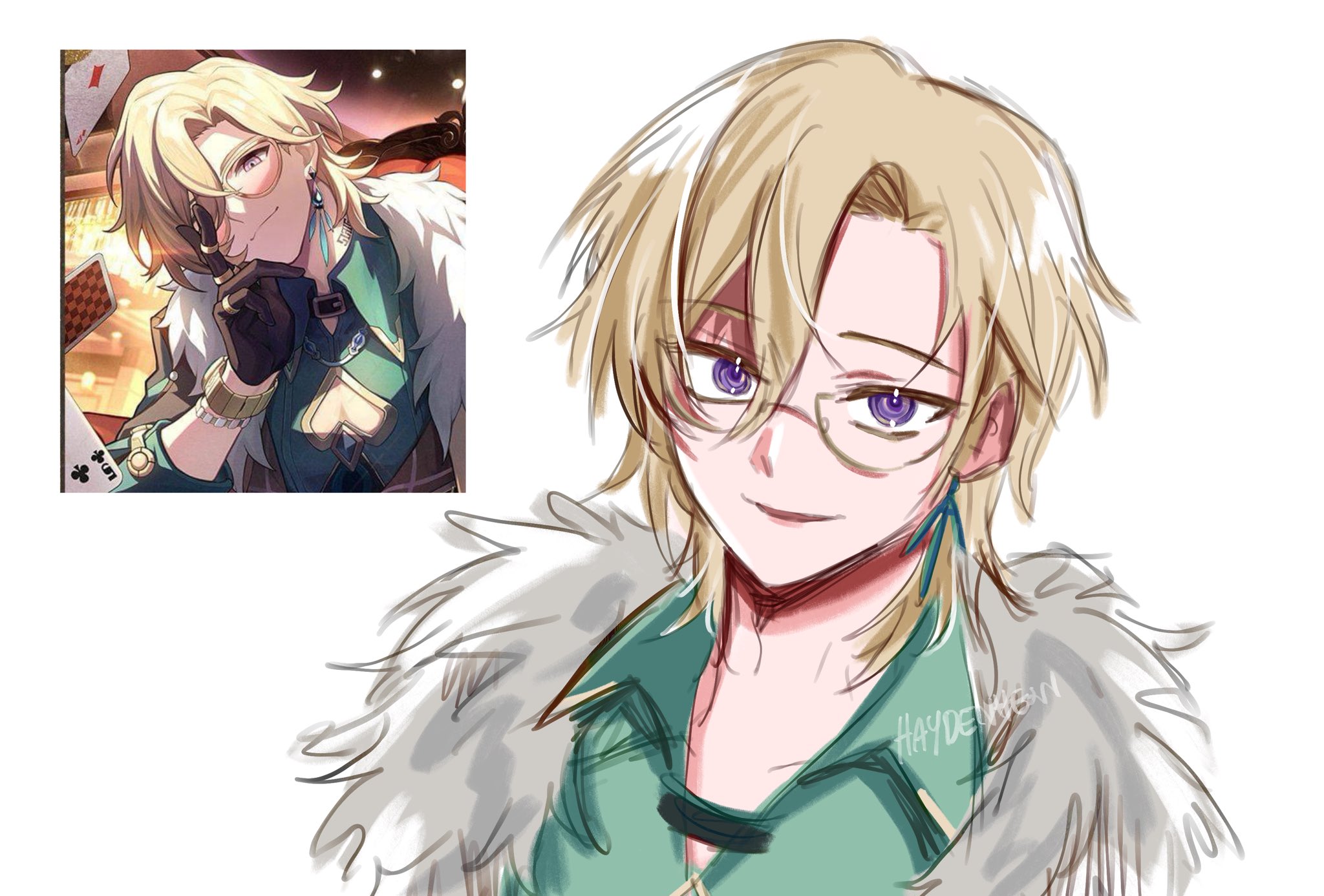 a digital illustration of an anime character with blond hair, purple eyes, and glasses. he is wearing a green shirt with a white fur collar and a blue earring. the background is white. the character is smiling and looking to the left side of the image.
