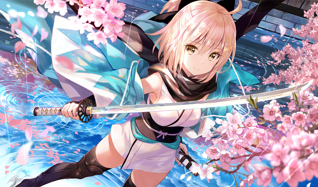 he image shows an animestyle female warrior, possibly a samurai, wielding a katana. she has light pink hair, and is dressed in a light blue and white kimono. cherry blossoms fall around her as she stands in a body of water. the overall style is dynamic and detailed, with a focus on color and movement.