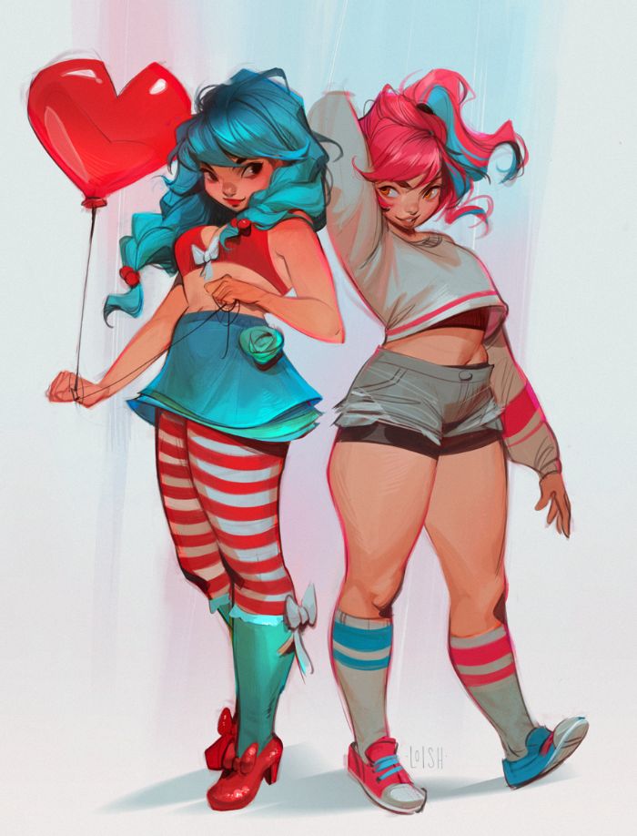 two cartoon girls, one in a pink dress and the other in a blue dress, stand next to each other, smiling. the girl in the pink dress has pink hair with two pigtails, and the girl in the blue dress has blue hair. they both have red shoes and socks. the girl in the pink dress is holding a red heart balloon. the image is in a cartoon style.