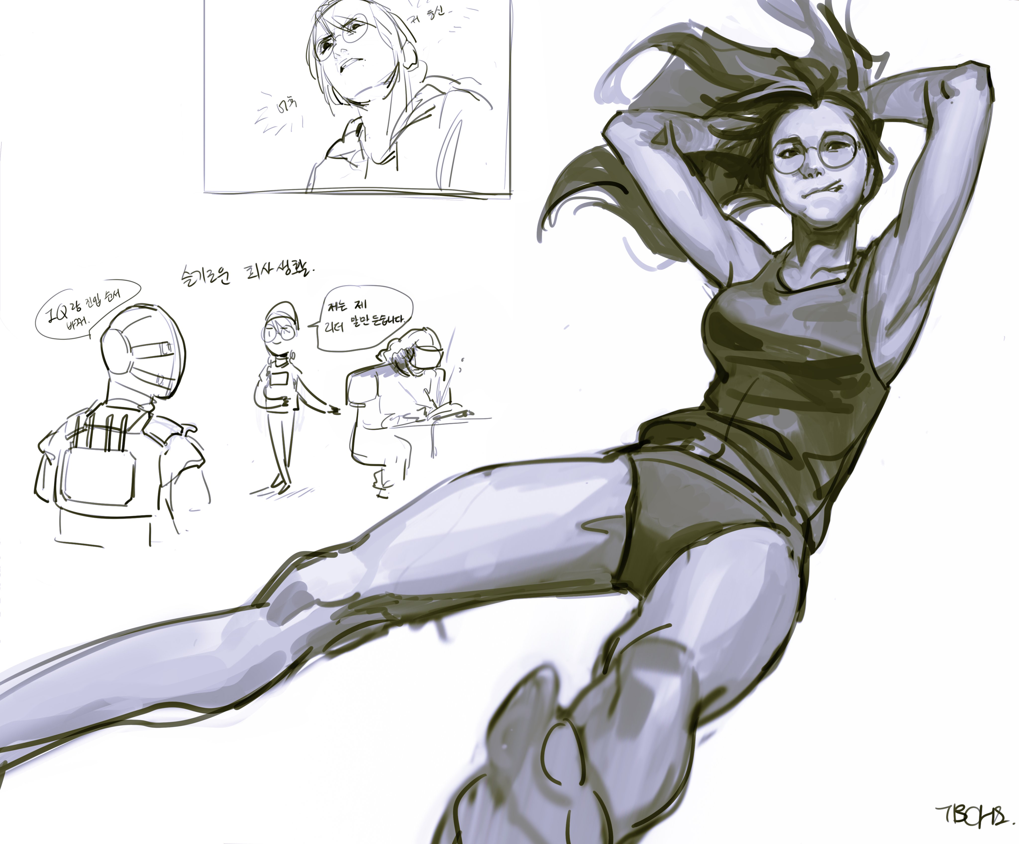 he image contains a collection of sketches in a loose, expressive style.  the main focus is a woman lying on her back with her arms behind her head, wearing a tank top and shorts. her expression is relaxed and almost languid. other sketches depict characters in what appears to be a professional or gaming setting, with one sketch showing a person in a helmet and tactical gear, and others in what seem like officelike environments.  korean text is visible in some of the sketches, possibly dialogue or annotations. the overall style suggests a personal sketchbook or a collection of character design concepts. the color palette is muted and largely grayscale.