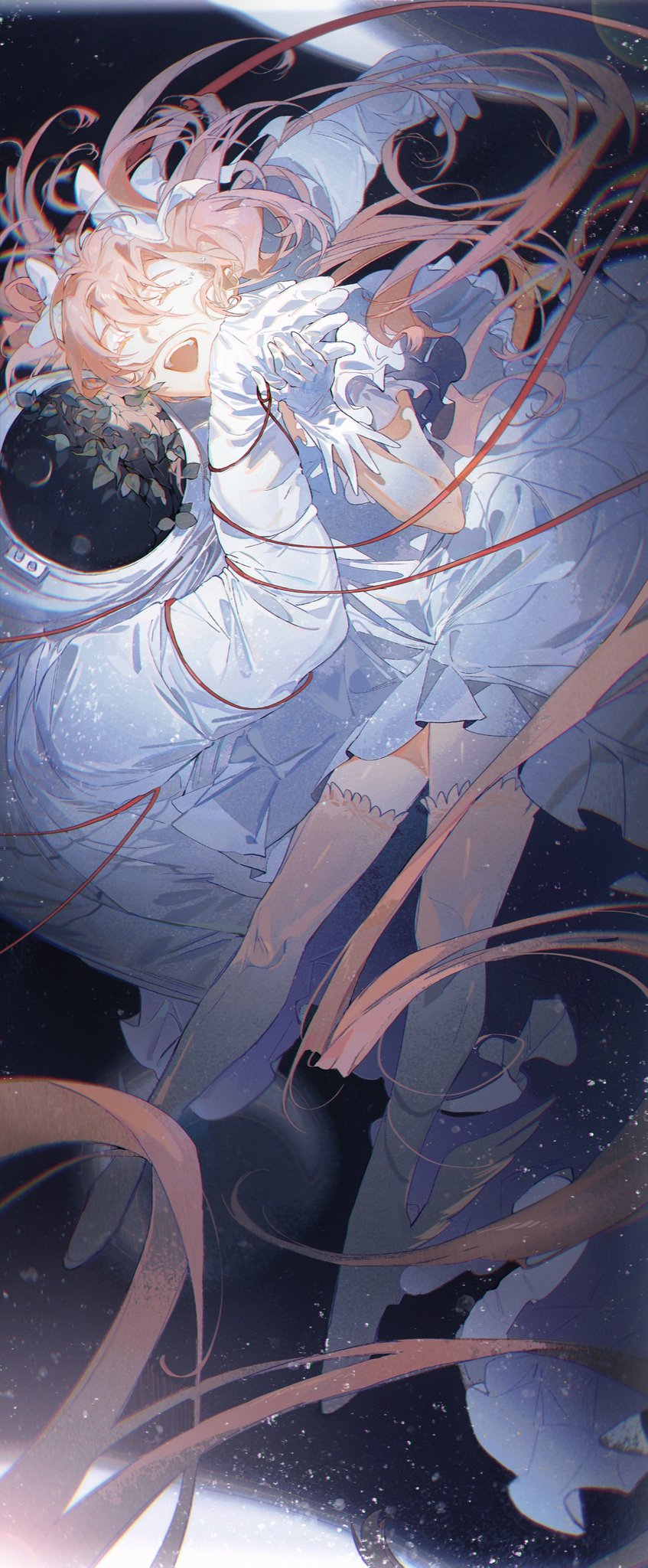 an anime girl with long pink hair floats in space, wearing a white dress and what looks like an astronaut suit. she's surrounded by stars, the galaxy in the background, with cosmic particles floating around her.