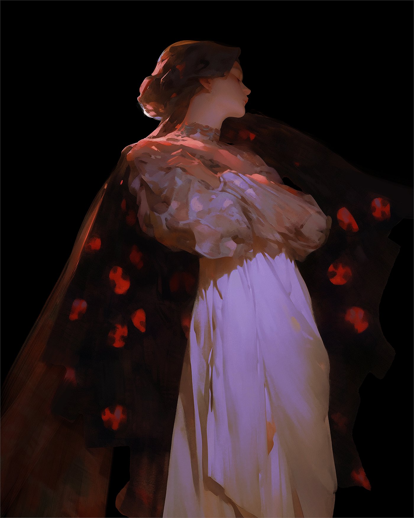 a digital painting of a woman in a white dress and a black shawl with red designs. the woman is standing with her arms crossed, and her face is turned away from the viewer. she is lit by a soft light that highlights her features. the painting is set against a dark background that creates a sense of mystery and intrigue.