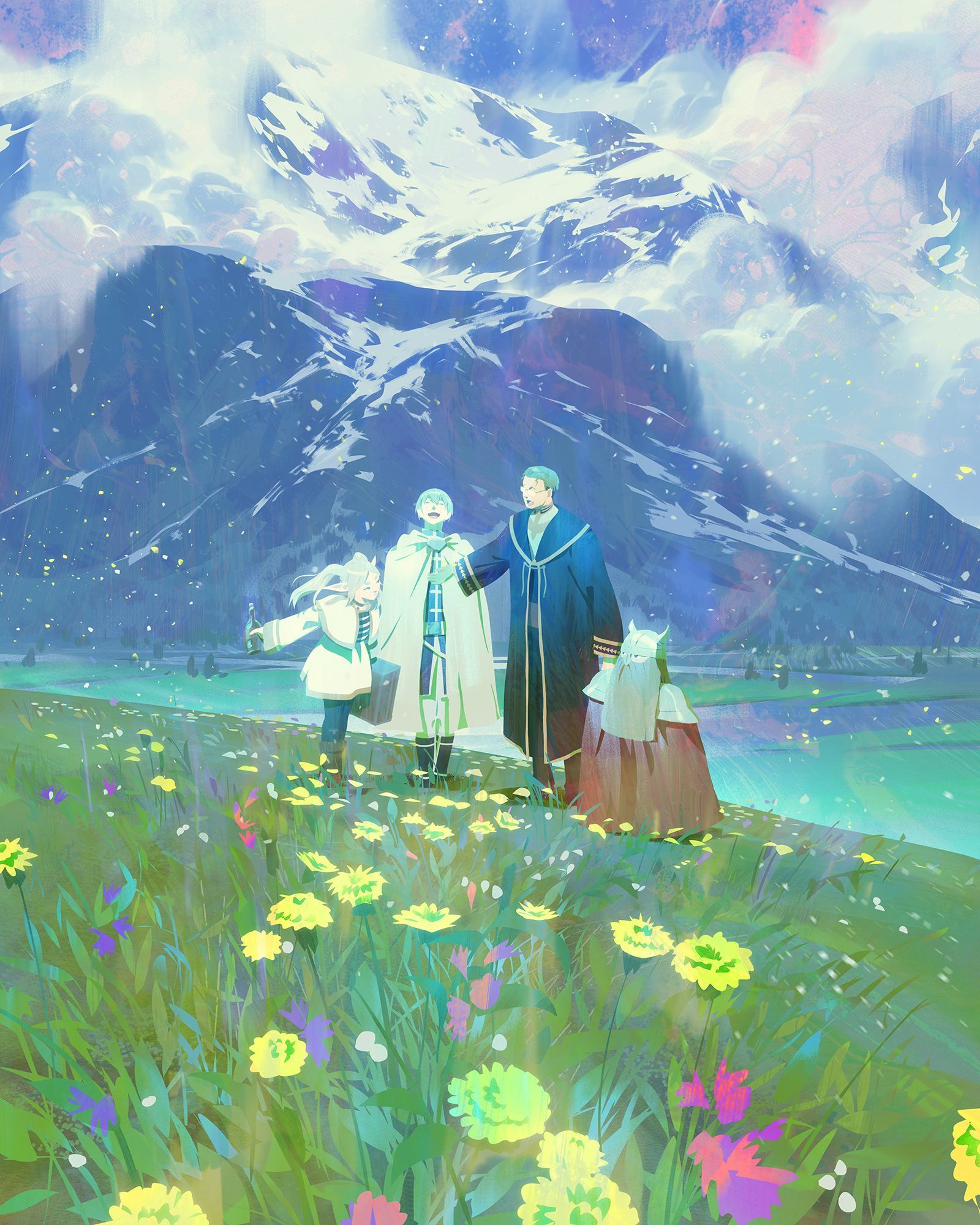 he image shows a family of four standing in a meadow with a breathtaking view of snowcapped mountains in the background. a river flows gently in the distance, reflecting the soft light of the cloudy sky. the family is composed of a father, a mother, and their two children, one older and one younger. they are all dressed in flowing robes, suggesting a fantasy setting. the meadow is filled with vibrant wildflowers, predominantly yellow and purple, which add a touch of warmth and joy to the otherwise cooltoned landscape. the overall atmosphere of the image is peaceful, serene, and magical.