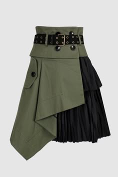 a stylish green skirt with a black pleated ruffle overlay. the skirt is asymmetrical and has a black belt with silver buckles. it is a fashionable and unique piece of clothing.