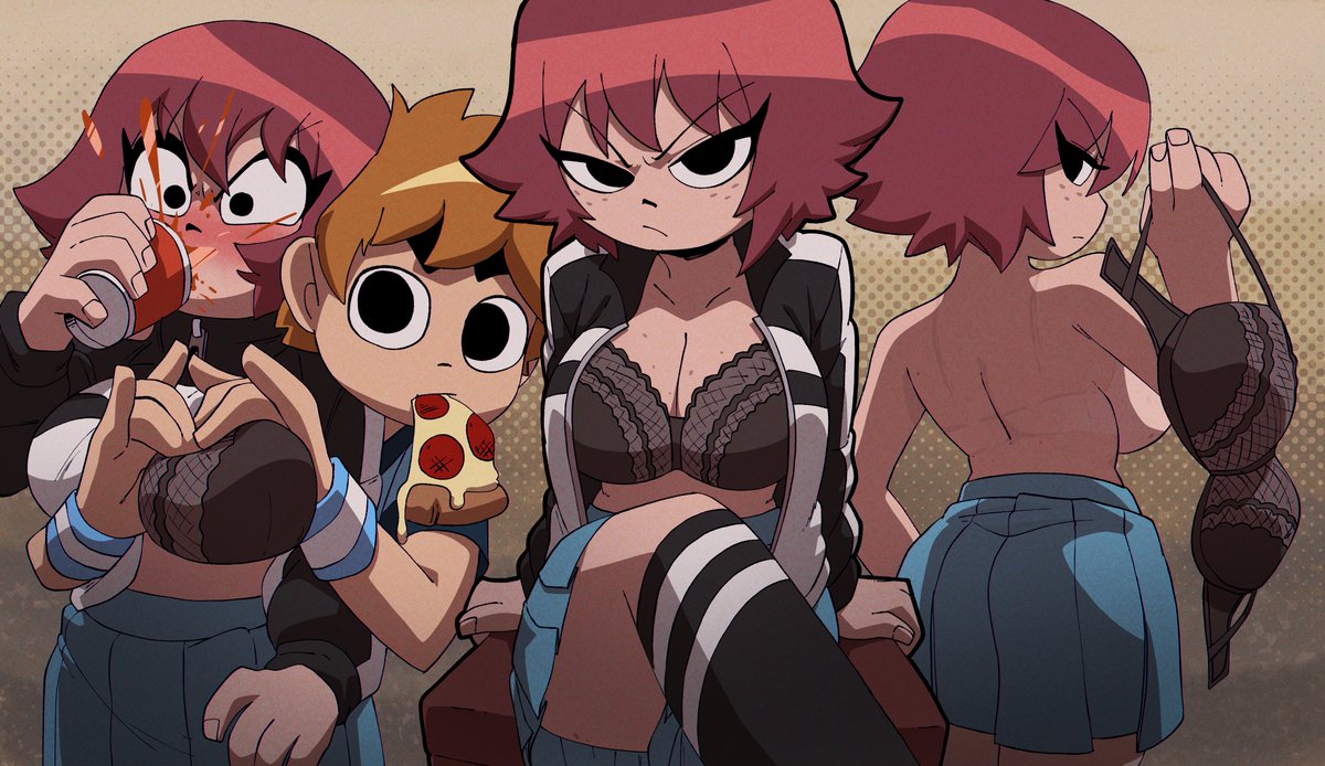 three cartoon characters, a young woman with red hair wearing a black and white striped jacket, blue skirt, black bra and black and white socks is standing between two other people. the woman with brown hair on the left is holding a soda can and a bra and smiling, the blond hair boy on the right is holding a pizza slice and smiling. the image is stylized and animated, with the characters looking away from the viewer and smiling.