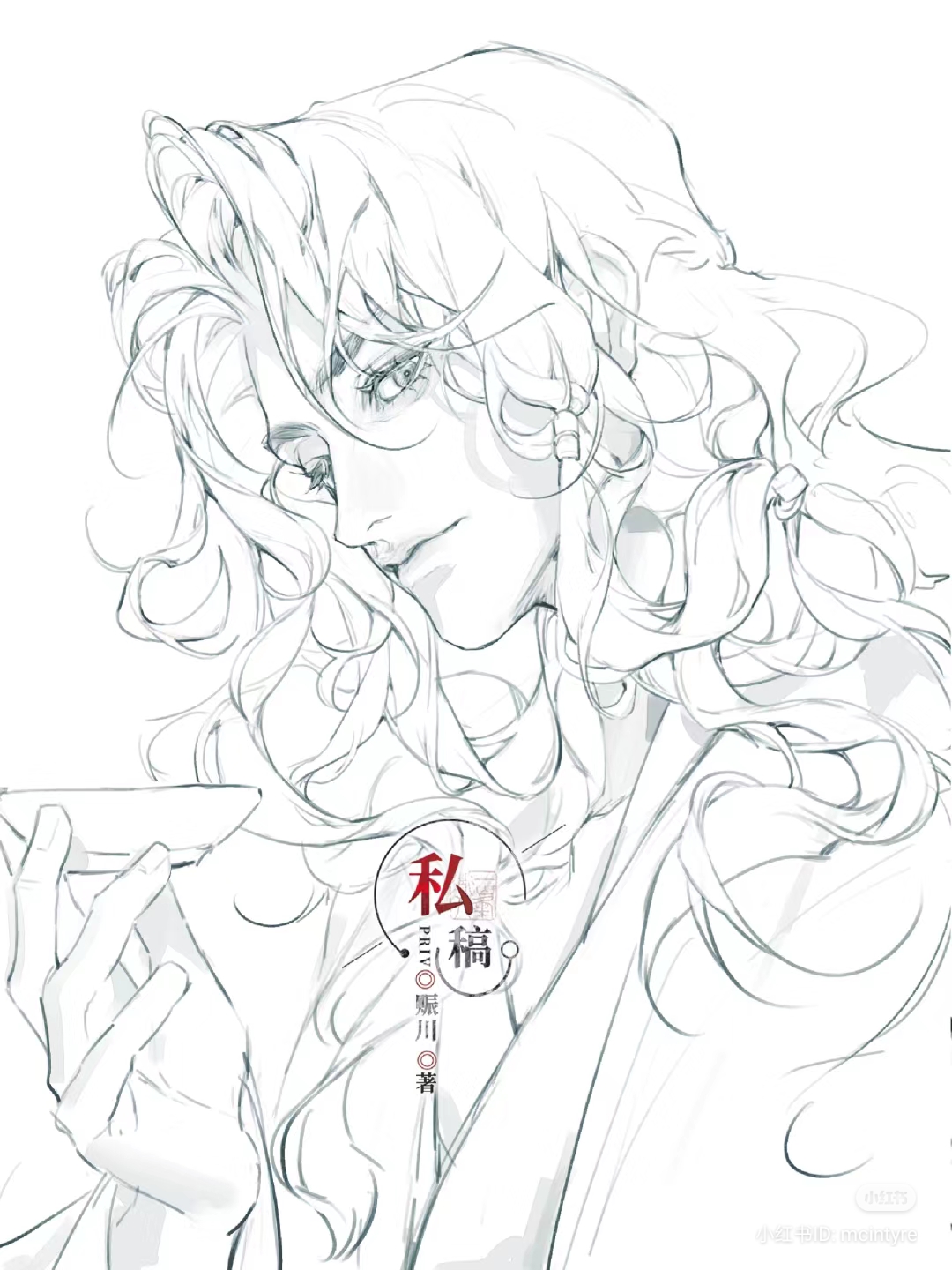 the image is a beautiful, black and white line art sketch of a young man with long, flowing hair and glasses. he is wearing traditional clothing and appears to be holding a small, shallow cup or dish. the lighting is soft, giving the image a gentle and elegant feel.