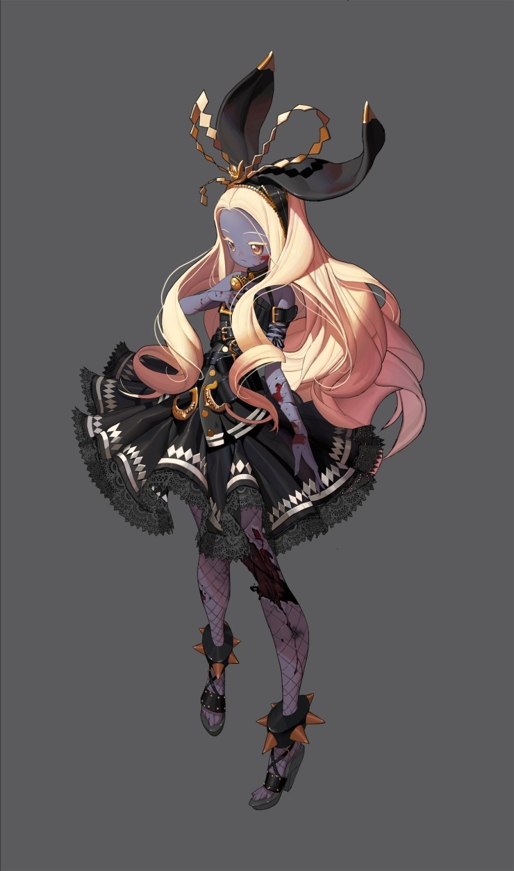 the image showcases a digital illustration of a young, seemingly wounded female character against a neutral gray backdrop. she's dressed in an elaborate black dress with lace detailing, her attire further accented by bunny ears attached to a headband and a noticeable collar. her blonde hair cascades down, contrasting with her dark attire and the bloodstains marring her dress and legs. her graytoned skin adds an eerie element to her appearance.  the style of the illustration suggests a connection to anime or manga, hinting at a fantasy setting.