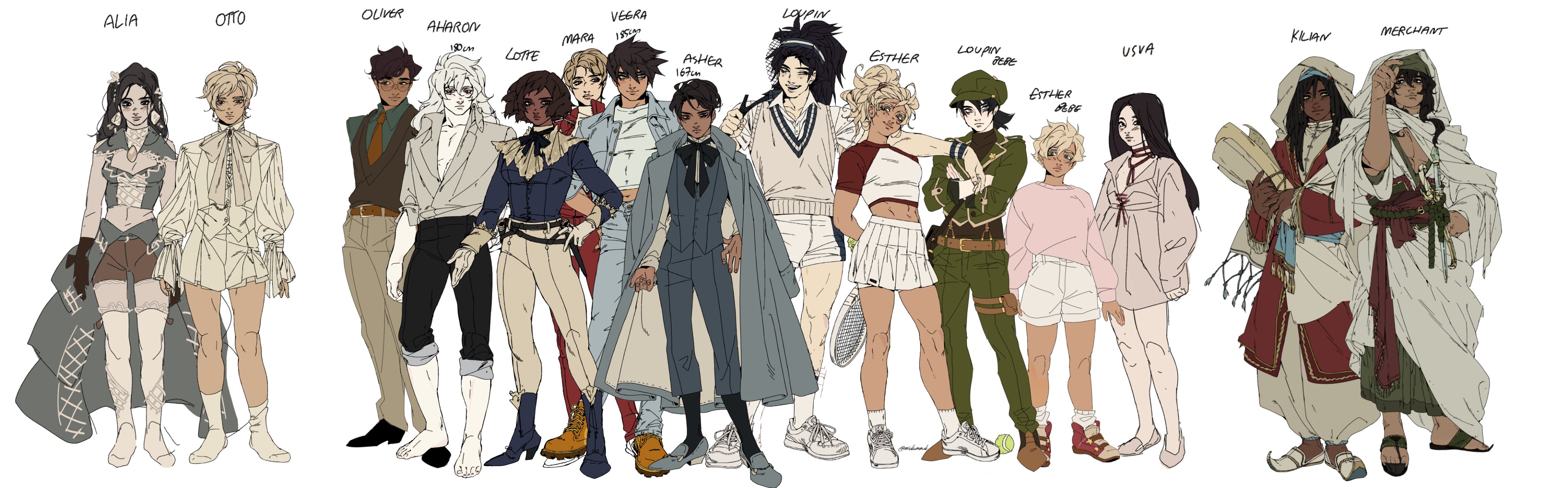 this is a digital illustration featuring 13 cartoon characters in different poses and clothing styles. the characters are all drawn in an anime style and feature unique outfits. the characters are all standing and facing forward, with their bodies at different angles. the background of the image is plain white, allowing for the focus to be on the characters and their attire.