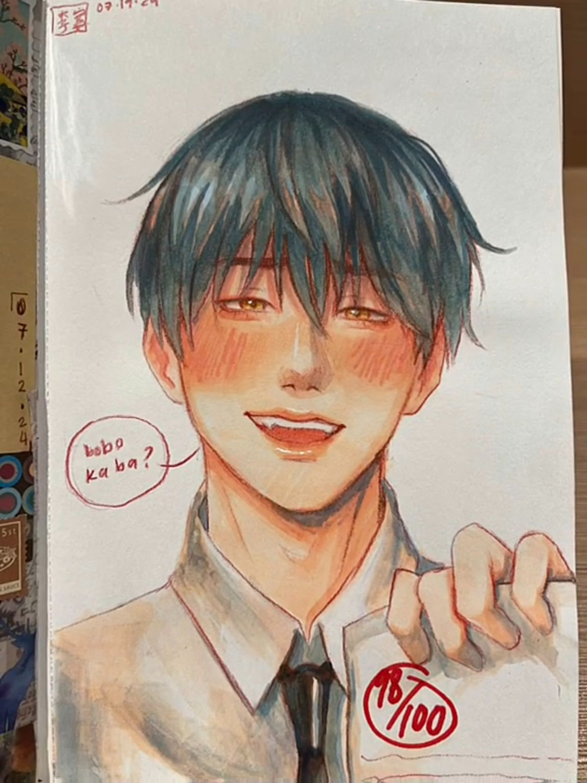 a watercolor drawing of an animestyle boy with short, dark hair and blushing cheeks. he's wearing a white shirt and is holding up a test paper with a score of 78/100. he appears happy and proud of his grade. a speech bubble next to his face reads "hehee ka ba?" in a handwritten font. the drawing is set against a white sketchbook page.