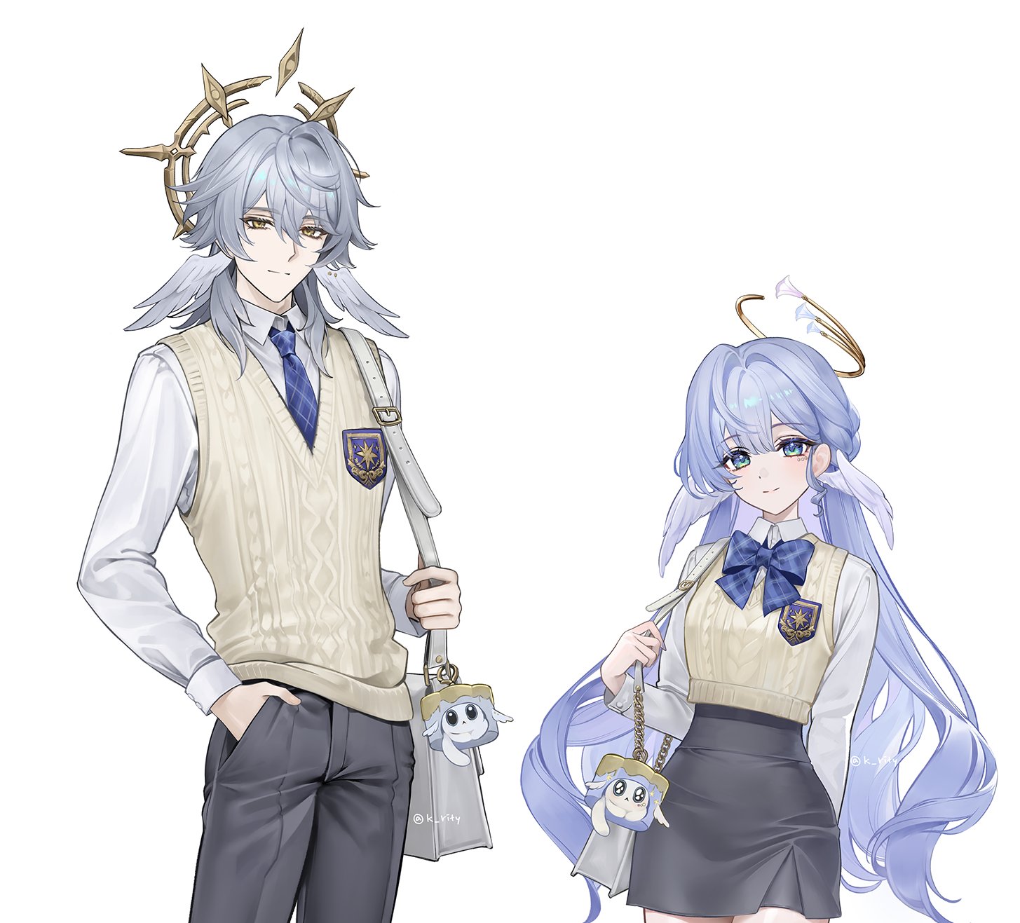 he image contains an illustration of a boy and a girl, both appearing to be anime or manga characters. they are dressed in similar creamcolored school vests, but with different shirts and accessories. the boy has long, white hair, while the girl's hair is long and blue, adorned with a halo. both characters carry small, cute bags or purses with charming designs. the style is polished and detailed, characteristic of digital fanart or official artwork.  they appear to be a couple, with a similar and complementary design language.