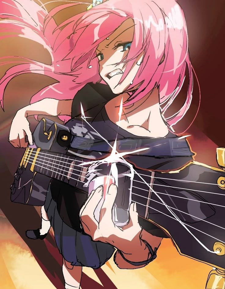 an anime girl with pink hair and blue eyes is playing an electric guitar with a determined expression. she wears a school uniform and uses a slider. the scene depicts a musical performance filled with emotion and energy.