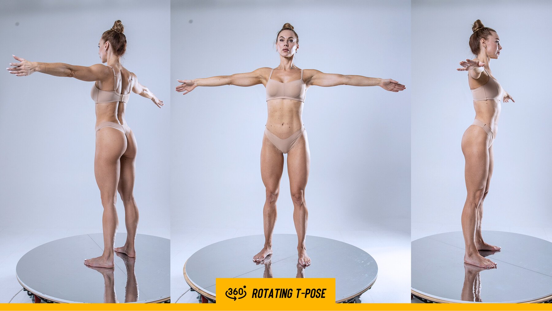 the image shows a muscular female fitness model in a rotating tpose. three different views (front, back, and side) of the model are displayed against a neutral gray studio background.  the model is wearing a beige twopiece underwear set. the photos are captured on a mirrored turntable allowing for reflections to be visible. the image is labeled "360° rotating tpose," indicating its intended use as a reference for artists and illustrators. the overall lighting is even and consistent, allowing clear visibility of the model's physique and muscle definition.