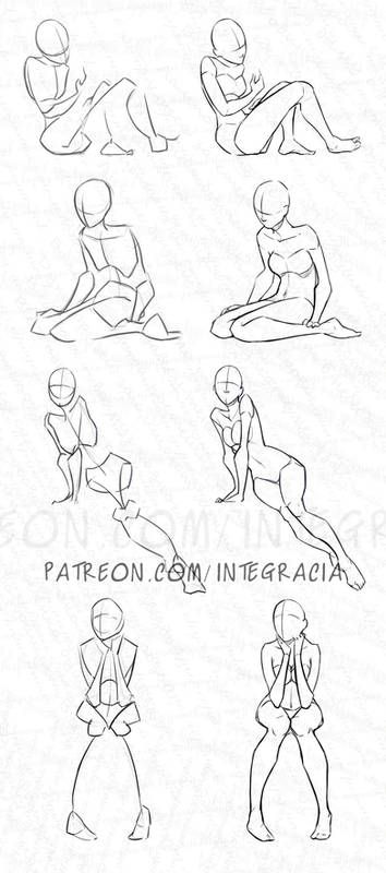 a sketch of various female poses, with varying positions, sitting and standing.  these poses are likely used as references for artists, for drawing and illustration.