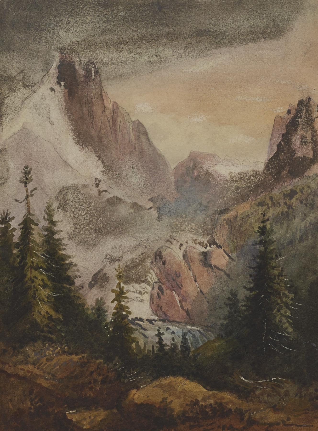 the image is a watercolor painting depicting a mountainous landscape. prominent features include rugged mountains with rocky peaks and snowcovered areas. the foreground is populated with dark green pine trees. a valley or pass leads the eye into the distance, revealing a sky with an overcast appearance and subtle shades of orange and grey. the painting conveys a sense of wilderness and nature, with elements of forest and hills visible.