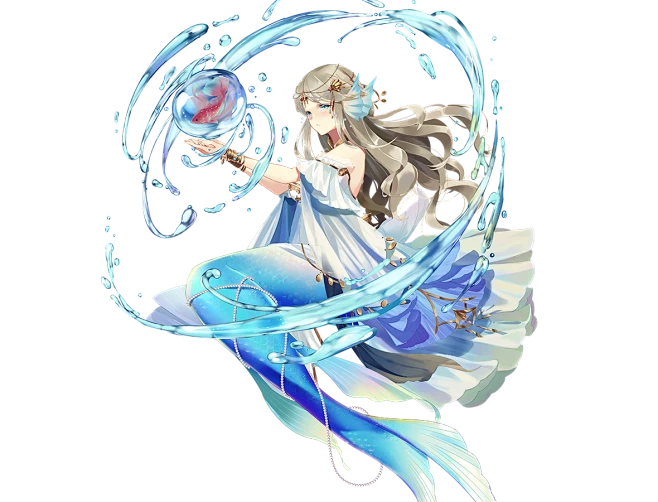 a mermaid with long blonde hair and a flowing white dress is depicted against a black background.  she is surrounded by swirling water and holds a transparent orb in her outstretched hand.  her tail is a gradient of blue and white, and she appears graceful and elegant.