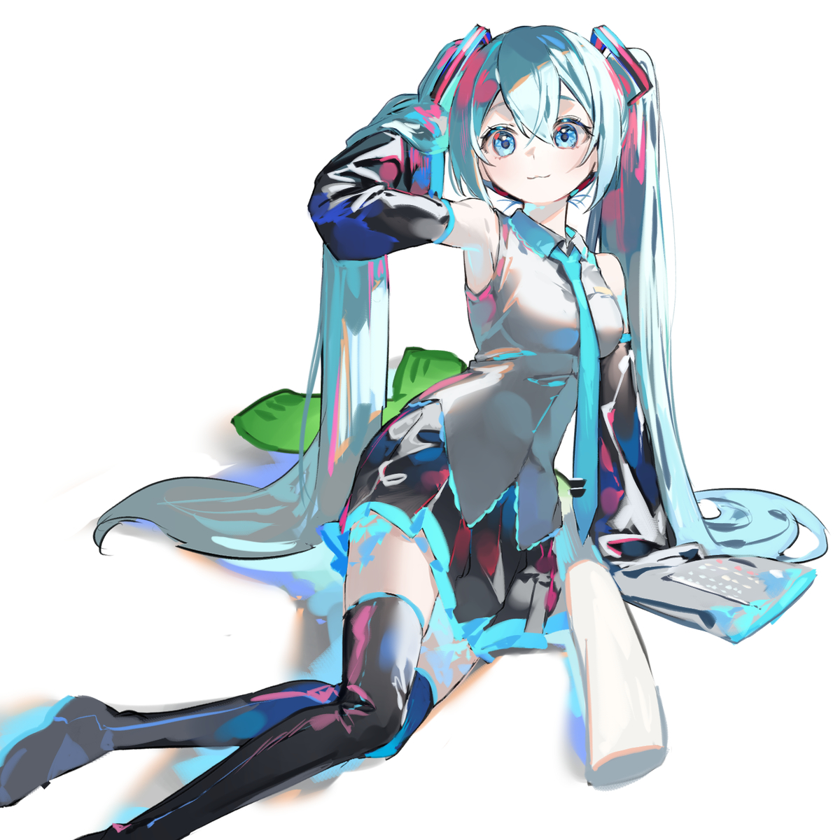 an animestyle digital illustration of hatsune miku, a vocaloid character. she has long, flowing teal pigtails and bright blue eyes. she is wearing a black and teal outfit with a tie. she is sitting down and has a shiny, futuristic aesthetic.