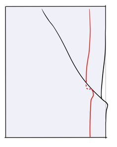 this image is a sewing pattern diagram. it shows two lines, one black and one red, converging at a point where they are sewn together. the lines appear to be part of a garment pattern, likely for a dress or top.