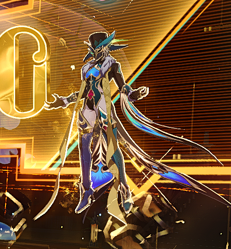 an anime character with blue and gold armor and a dramatic pose stands in front of a golden background with the word "g" in the background.