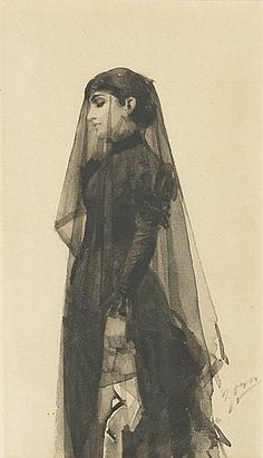 a monochrome drawing of a woman in a black dress and veil, which appears to be an artistic representation of mourning. the woman's head is bowed, and her hands are clasped together, suggesting sorrow. the image captures the somber tone of grief, reflecting a period where mourning customs were prevalent.