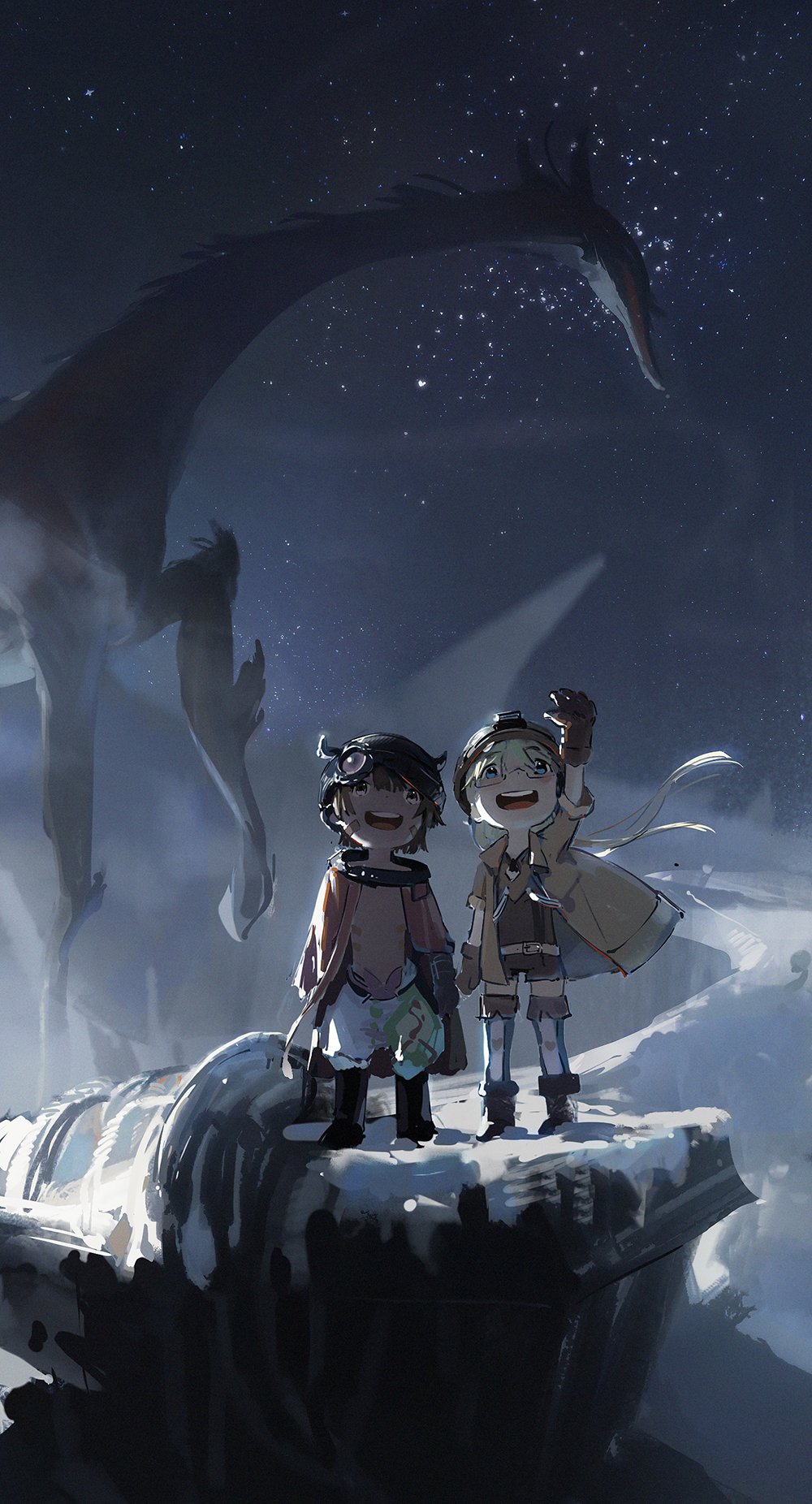 the image depicts a fantastical scene with two anime characters, a girl and a boy, standing on a rock formation under a dark night sky with twinkling stars. the girl is wearing a beige jacket with a hood and brown pants, and she is raising her right hand. the boy is wearing a brown jacket with a hood and brown pants. in the background is a large, shadowy creature resembling a giraffe, facing away from the viewer, suggesting an air of mystery and adventure. the artwork has a distinct digital style with vibrant colors and soft, blurred edges. the overall atmosphere is captivating and full of imagination, inviting the viewer to explore the possibilities of this fantastical world.