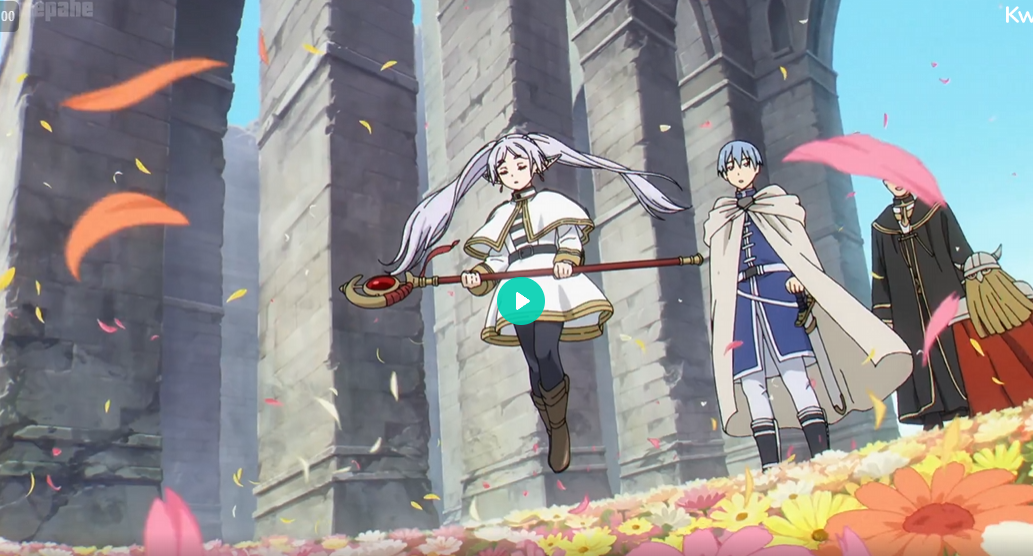 this image appears to be a screenshot from an anime. it shows three young characters in a fantastical setting. there is a young woman with long white hair and a white and green outfit, holding a staff. she is jumping in the air, surrounded by flower petals. behind her, walking on a path of flowers, are two young men. one is dressed in blue and white, the other in black and red. they are standing amongst large, ancient stone pillars. the scene is bright and sunny, suggesting a daytime setting. overall, the image evokes a sense of adventure and magic.