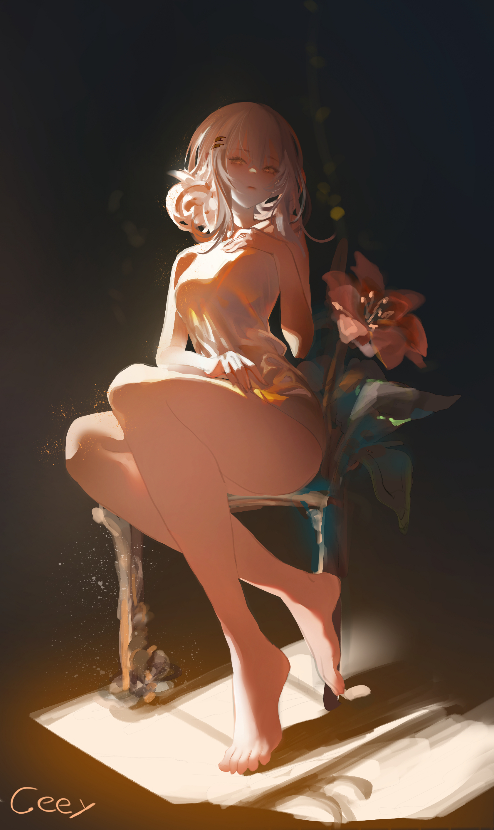 an anime style drawing of a paleskinned girl with white hair, wearing a pale yellow dress, seated on a chair next to a large flower in a dark room with sunlight streaming in.