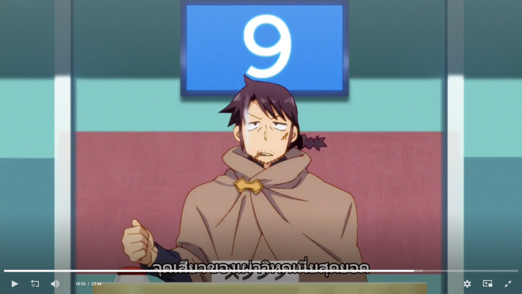 this is an image from a japanese anime series featuring a cartoon character of a man with brown hair that is tied in a braid.  the man has a beard, a mustache and he is wearing a brown robe with a collar.  the man looks somewhat concerned as he is sitting at a table with a number nine on the background, with a grey wall and a white ceiling in the background.   the image appears to be captured as a screen shot from a computer monitor.