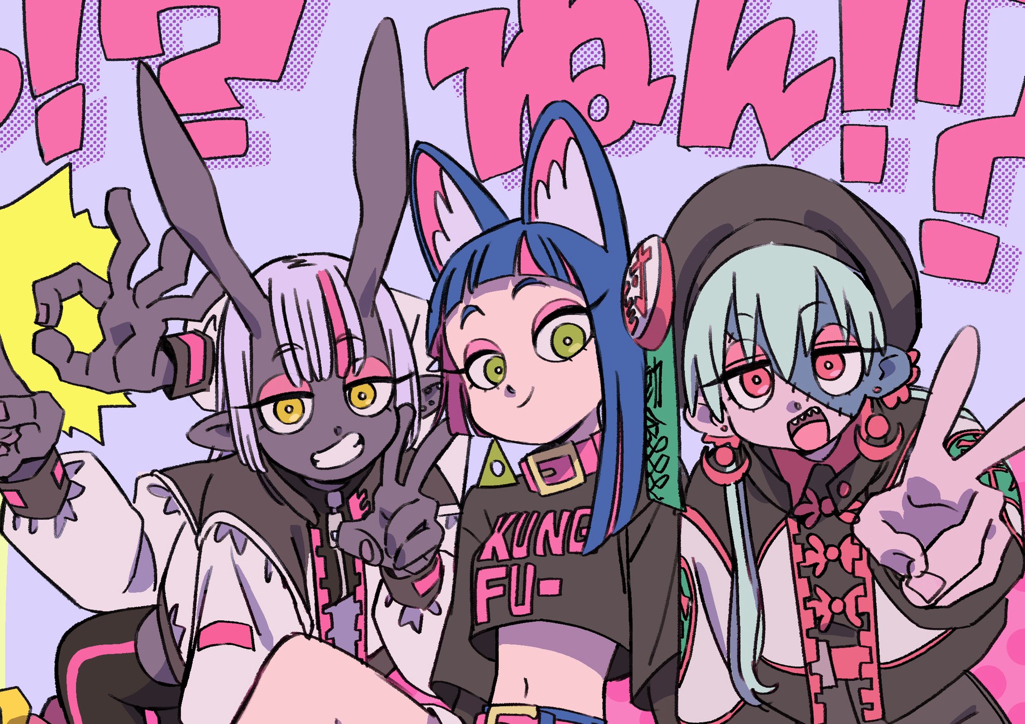 the image showcases three stylized animestyle characters posing dynamically against a vibrant abstract background. the characters, each with distinct animalistic features like bunny ears and cat ears, are drawn in a bold and graphic style with exaggerated proportions. they wear fashionable outfits that combine elements of streetwear, traditional asian clothing, and futuristic accessories. the overall aesthetic is energetic, youthful, and playful, with a color palette dominated by pinks, blues, and black. the characters' expressions convey a sense of confidence and camaraderie, suggesting a strong bond between them.