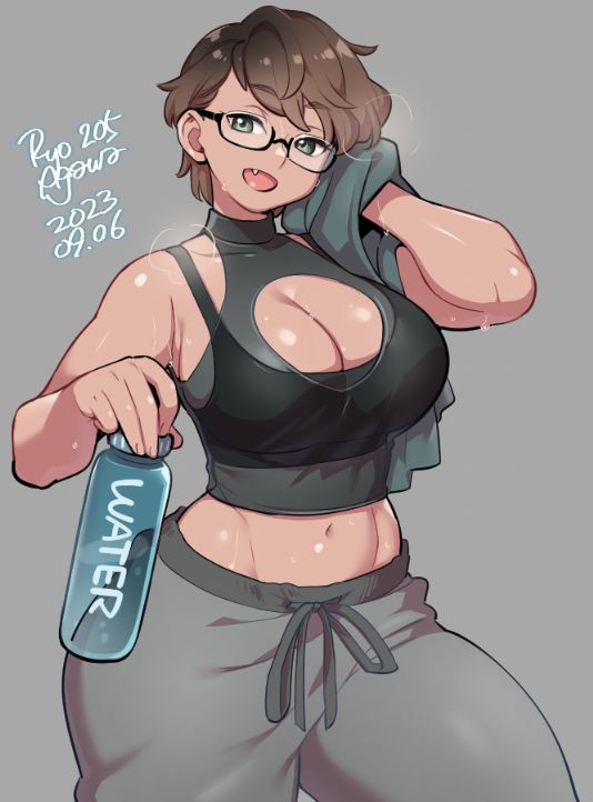 a cartoon anime girl with brown hair, wearing glasses, a sports bra and grey pants, is holding a bottle of water while wiping her sweat. she looks tired but happy after a gym workout.