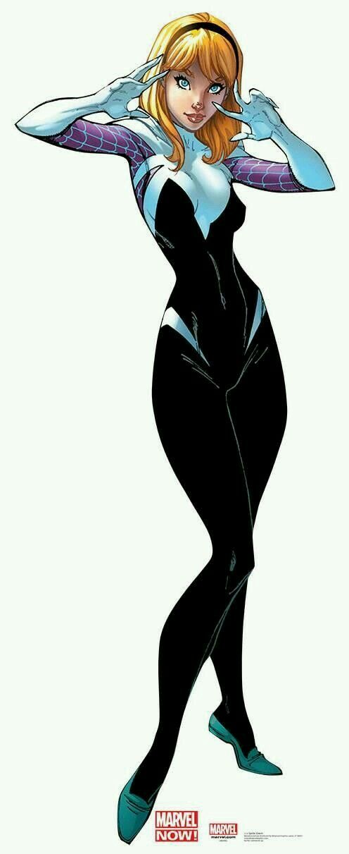 this is a drawing of spidergwen, from the marvel comics universe.  she is wearing her black and white costume, with a white mask and blue spider logo.  she is standing in a superhero pose, with her arms raised and her fingers spread.  her hair is blond, and she is wearing blue high heels.  she is looking at the viewer.