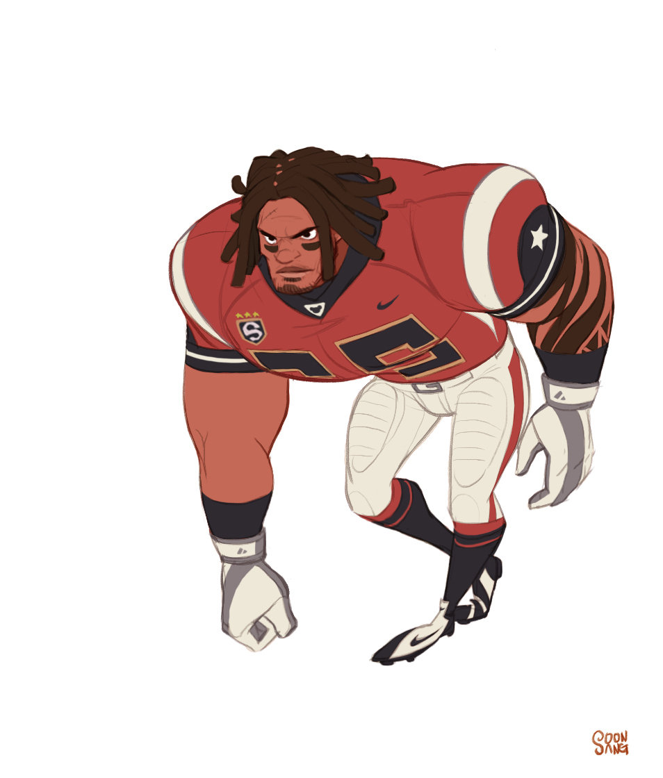 an illustration of a muscular, determinedlooking black football player in a red and white uniform. he is positioned in a crouched, readytocharge stance.  the art style is slightly exaggerated, giving him a powerful and almost superherolike appearance.