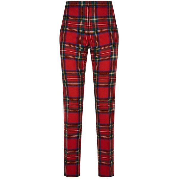 a pair of red tartanpatterned pants is displayed against a white background. the trousers are fitted, with a slim leg, and feature a prominent plaid pattern in shades of red, green, and yellow. the pants are neatly presented, suggesting a studio shot for retail purposes.
