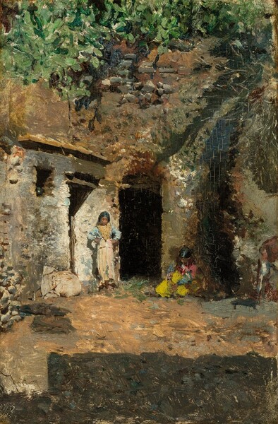 the painting depicts a rustic scene with several figures near a crumbling building. a woman stands near the doorway, while another woman sits on the ground. there is a dark entrance adjacent to the doorway. the surrounding vegetation suggests a rural or outdoor setting. the architecture is old and worn, giving a sense of history and decay.