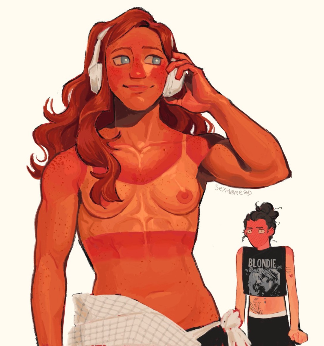 the image features a muscular, freckled person with long red hair, wearing headphones and a bra, holding a phone to their ear. the character appears to be transgender, showcasing a confident and positive selfimage. a smaller sketch in the corner shows a separate person with a bun, glaring disapprovingly while wearing a blondie tshirt. this juxtaposition highlights the contrast between acceptance and prejudice towards gender identity.