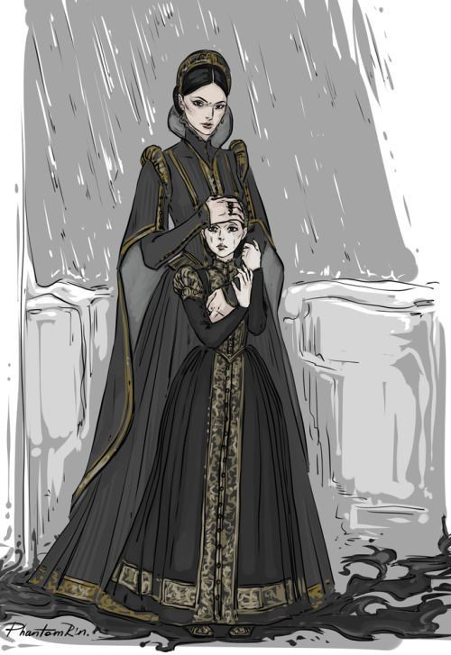 a digital painting depicts a queen and her daughter in medieval attire. the queen, wearing a dark gown with gold embroidery, holds her daughter's hands over her eyes, shielding her face. the daughter is dressed in a similar style. the background is a grey wash depicting rain and a dark puddle at their feet. the artwork is detailed and expressive of a somber and tragic atmosphere. the artist's signature, "phantomrin," is visible in the bottom left corner.