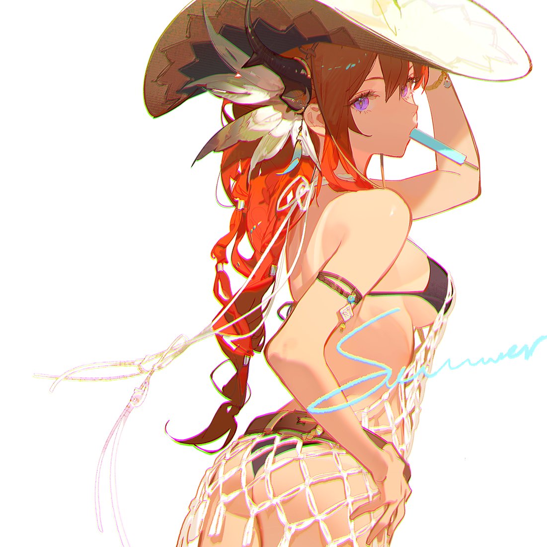 an anime girl with red hair and purple eyes is wearing a black swimsuit and a large hat. she is holding a blue popsicle. the word "summer" is written in blue cursive on her body.