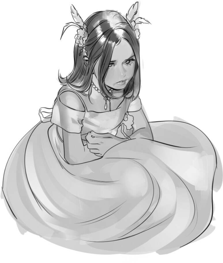 a black and white sketch of a young girl in a formal dress, possibly for a wedding or other special occasion.  she is sitting with a sad or upset expression on her face, and may be crying.