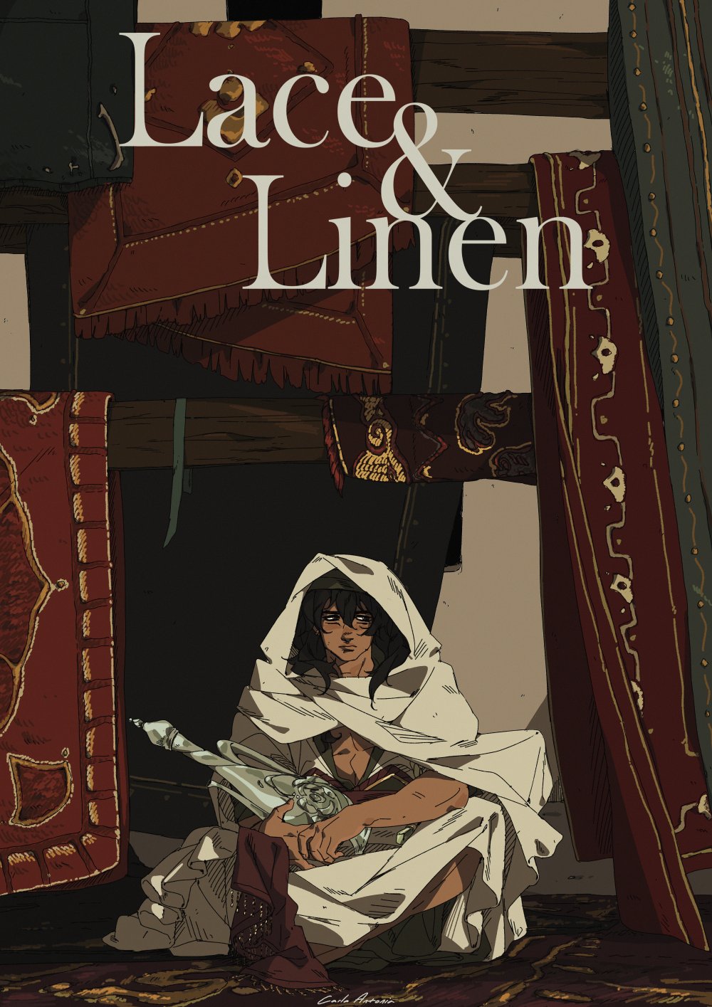 the image is a digital illustration of a man in a white turban and cloak, sitting crosslegged on the floor. he is holding a sword in his right hand, with a  serious expression on his face. he is sitting in front of a wall with a red and gold embroidered carpet hanging on it. there is a title “lace & linen” at the top.  the image is created in a fantasy style, with a dark and mystical atmosphere.
