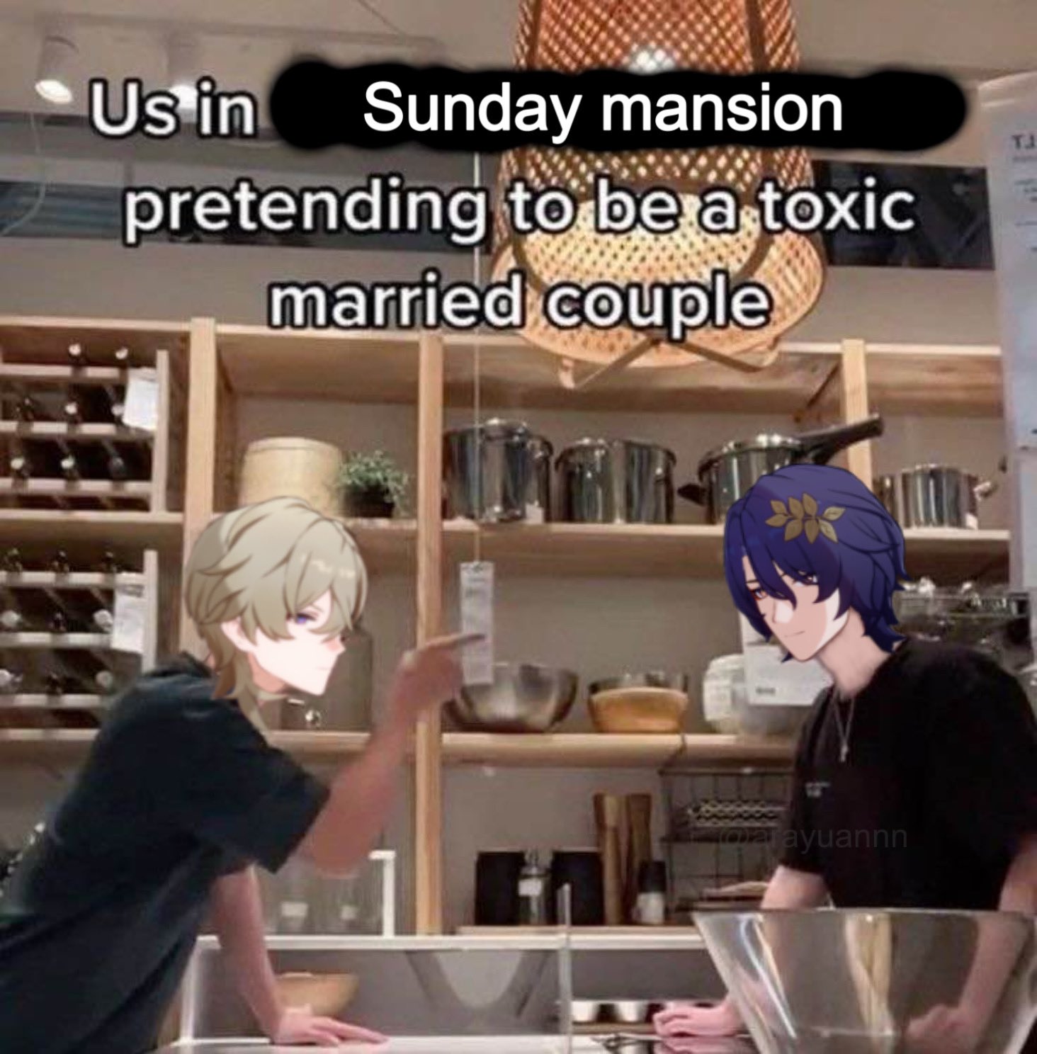 he image is a meme featuring two genshin impact characters, albedo and itto, superimposed onto a photo of a kitchen in what appears to be a highend home goods store.  the text overlay reads, "us in sunday mansion pretending to be a toxic married couple."  albedo and itto are shown in a staged argument, implying a humorous portrayal of a dysfunctional relationship. the overall style is playful and lighthearted.